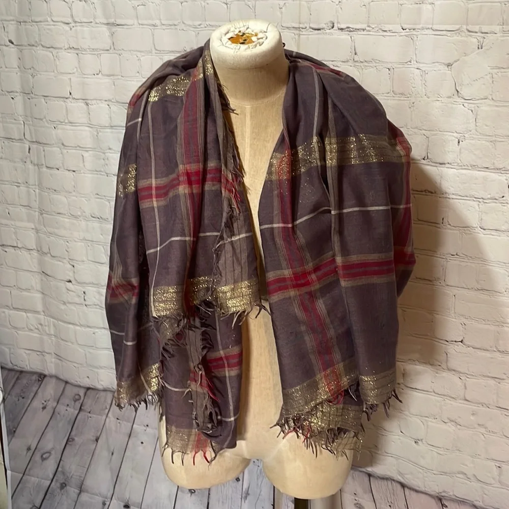 Plaid square blanket scarf gold, red brown
